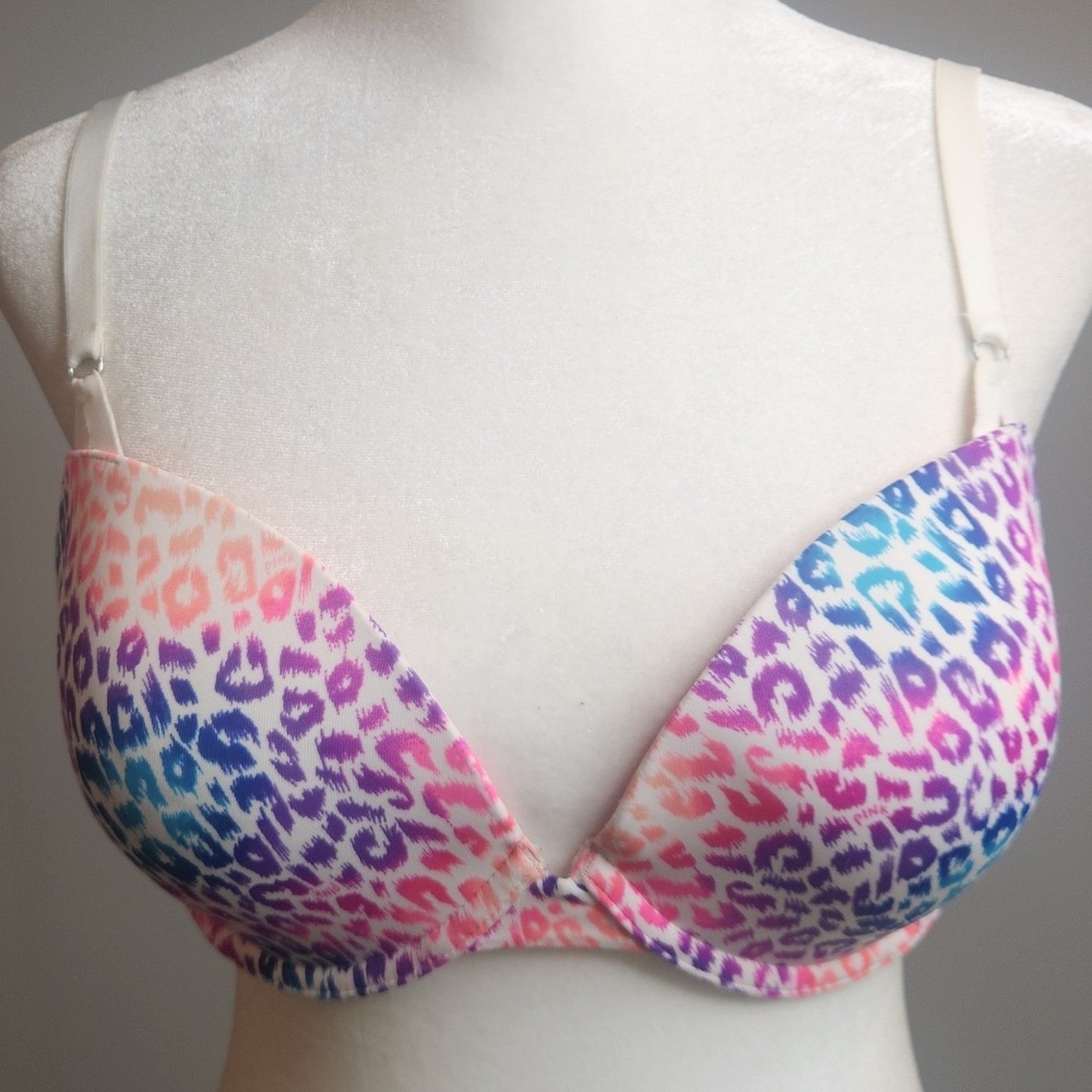 Victoria's Secret PINK Demi Bra Women 36D Rainbow Leopard Good Total Sweetheart